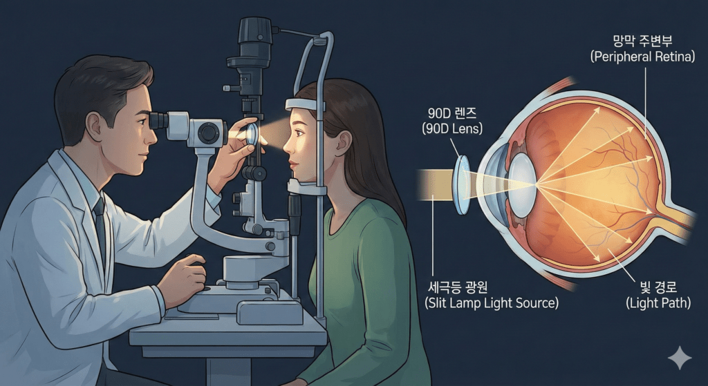 사람의 눈 구조 단면도와 망막의 주변부까지 빛이 들어가는 모습을 묘사한 메디컬 일러스트, 의학적이고 깔끔한 스타일