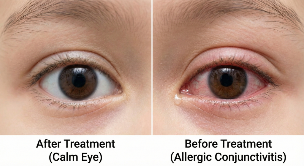 깨끗해진 결막 상태와 편안하게 눈을 뜨고 있는 아이의 모습을 대조한 이미지