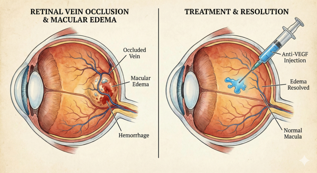 현미경을 통해 망막의 미세 혈관 구조를 정밀하게 관찰하는 상징적인 이미지