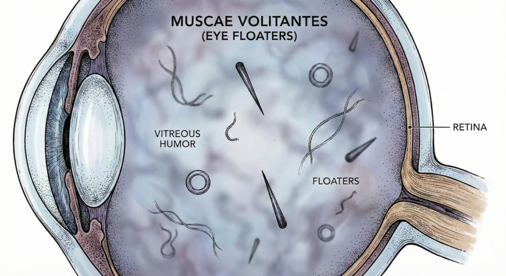 눈앞에 떠다니는 먼지, 단순 노화일까? 부산 동래구 안과 원장이 밝히는 망막의 골든타임 2 흐릿한 배경 위에 선명하게 떠다니는 점과 실오라기 모양의 비문증 시각화, 전문적인 메디컬 일러스트 스타일