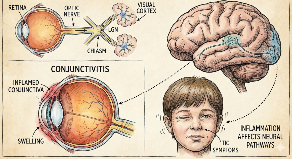 눈의 신경 전달 경로와 결막 염증이 틱 증상에 미치는 영향을 시각화한 의학적 도식화