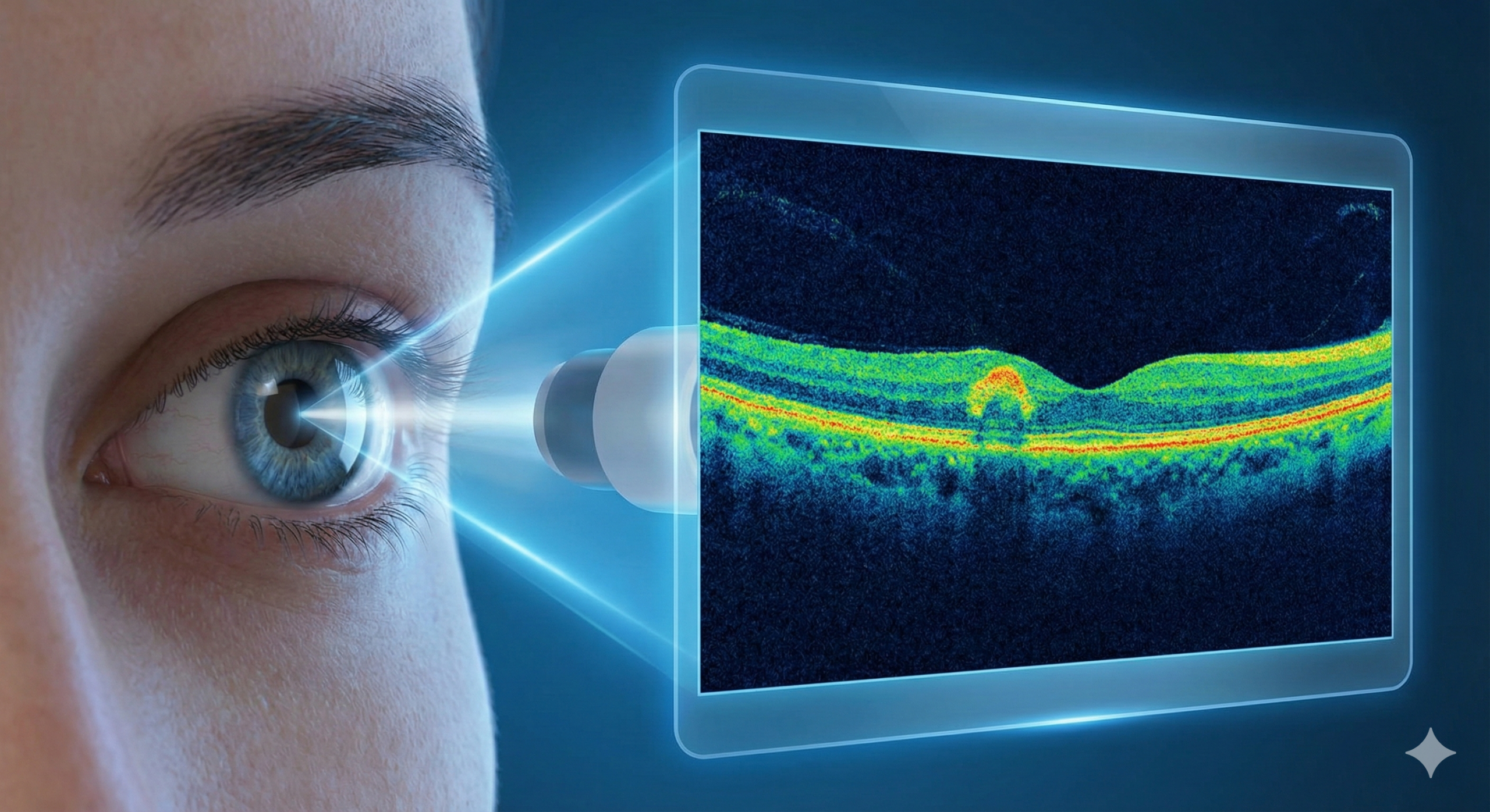 현미경을 통해 망막의 미세 혈관 구조를 정밀하게 관찰하는 상징적인 이미지