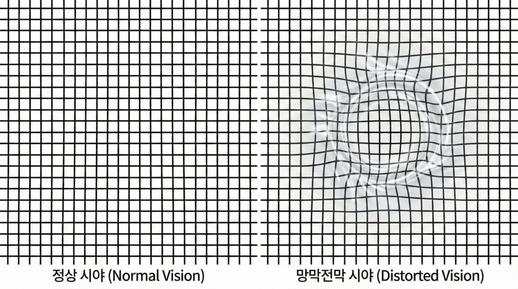 정상적인 시야와 망막전막 환자의 휘어진 시야(변시증)를 비교한 이미지, 격자무늬가 중심부에서 찌그러져 보이는 모습