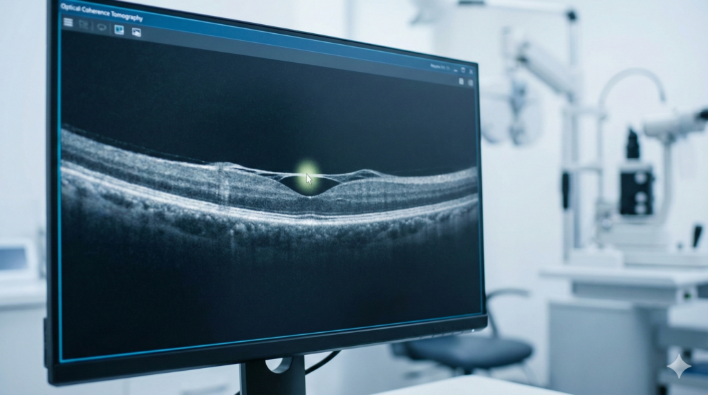 고해상도 안광학 단층촬영(OCT) 장비 모니터에 나타난 망막 단면도, 망막 위에 형성된 하얀색 막을 전문의가 분석하는 장면