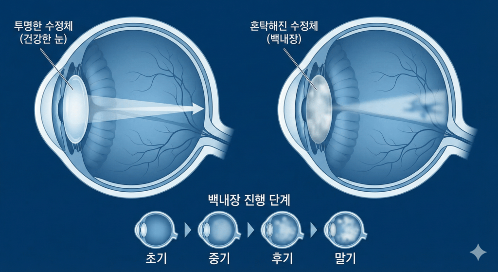 혼탁해진 수정체와 투명한 수정체를 비교하는 메디컬 일러스트, 백내장 진행 단계 시각화