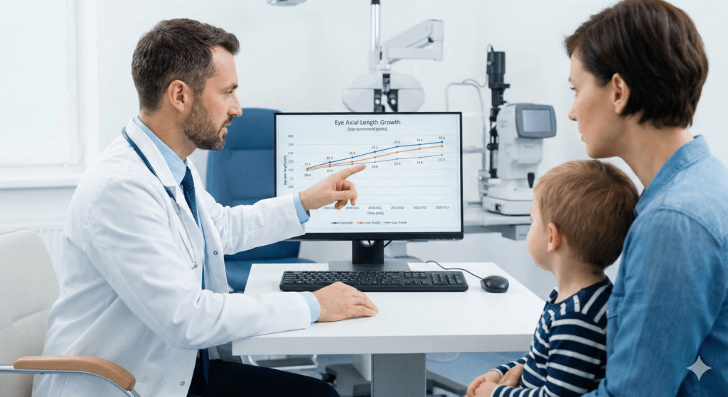 의사가 모니터 화면에 띄워진 안축장 성장 그래프 데이터를 부모에게 설명하는 모습, 전문적이고 신뢰감 있는 진료실 풍경