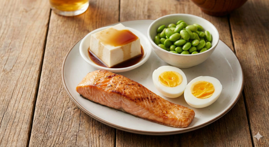 눈 건강에 도움을 주는 양질의 단백질 식단 예시 (계란, 생선, 두부)