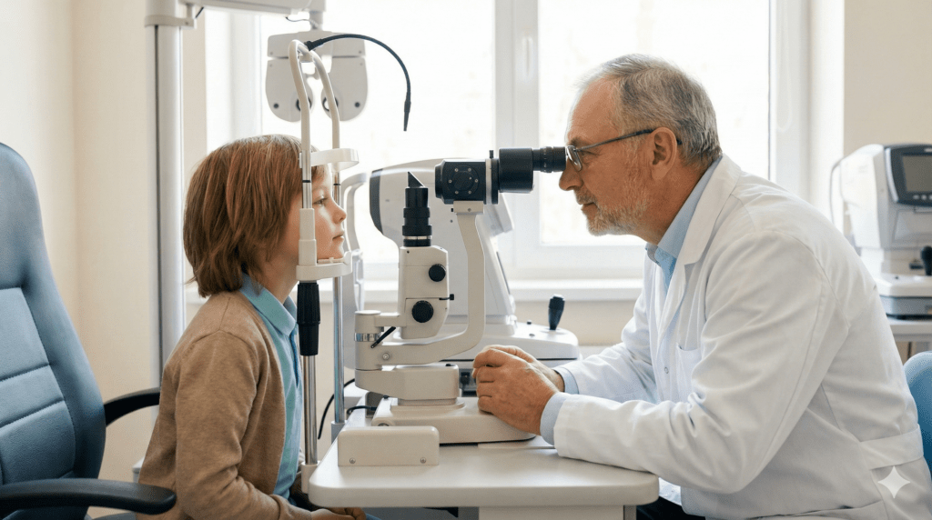 안과 진료실에서 의사가 어린이 환자의 눈을 세극등 현미경으로 정밀하게 검사하는 모습, 신뢰감 있는 분위기