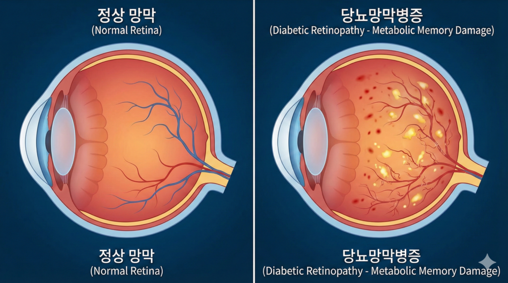 혈당 조절 잘해도 실명 위기? 동래구 안과 원장이 밝히는 망막의 '나쁜 기억' 2 정상 망막 혈관과 당뇨망막병증으로 인해 출혈과 삼출물이 발생한 망막의 단면 비교 의료 일러스트