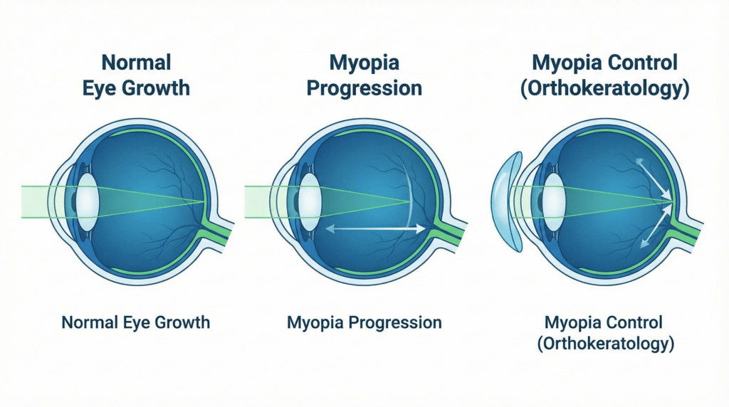 성장기 어린이의 안구 성장 그래프와 이를 억제하는 드림렌즈의 원리를 설명하는 메디컬 일러스트