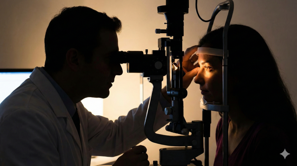 어두운 진료실에서 안과 의사가 세극등 현미경을 통해 환자의 눈을 정밀하게 검사하는 실루엣, 신뢰감 있고 따뜻한 분위기.