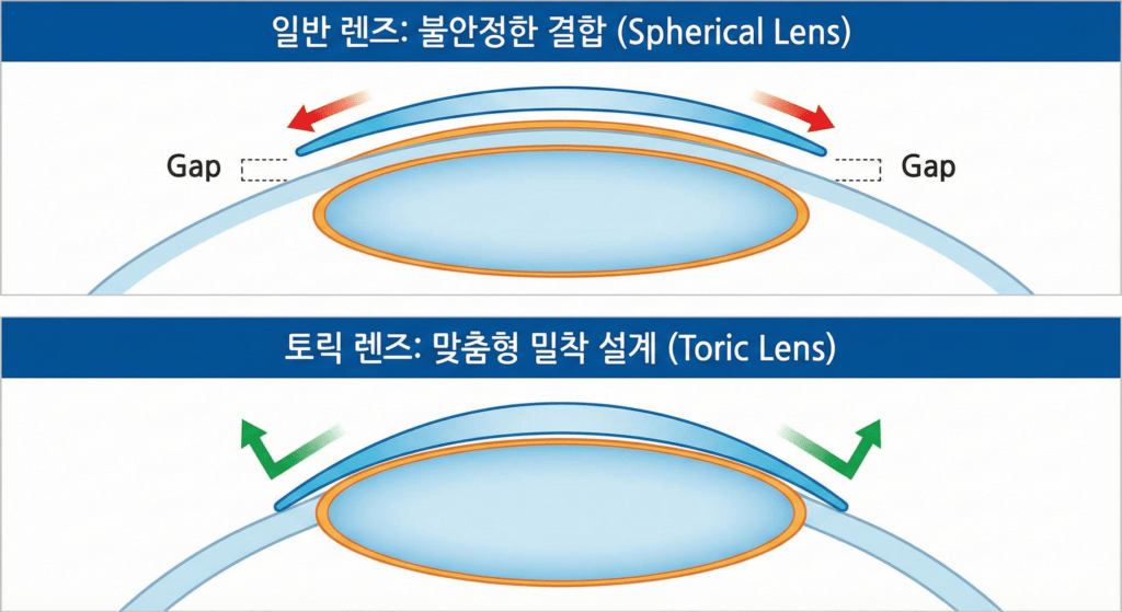 난시가 있는 타원형 각막 위에 일반 렌즈가 불안정하게 떠 있는 모습과 토릭 렌즈가 완벽하게 밀착된 단면도 비교 메디컬 그래픽