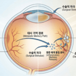 당뇨 환자의 눈 내부 미세 혈관이 백내장 수술적 자극으로 인해 염증 물질을 분비하여 망막 중심부인 황반이 물이 차듯 부어오르는 황반부종 현상을 보여주는 직관적이고 현대적인 메디컬 일러스트