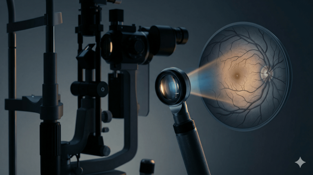 최신 대학병원급 검사 장비의 실루엣과 망막 검사를 상징하는 렌즈가 어우러져 신뢰감을 주는 현대적인 느낌의 이미지