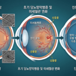 당뇨망막병증으로 인한 망막 모세혈관의 변화와 황반부종의 진행 과정을 보여주는 깔끔한 메디컬 일러스트