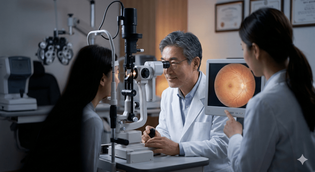 시력 1.0인데 당뇨망막병증? 동래구 안과 주치의가 말하는 망막 주사 최신 트렌드와 산동 검사의 중요성 3 당뇨망막병증으로 인한 망막 모세혈관의 변화와 황반부종의 진행 과정을 보여주는 깔끔한 메디컬 일러스트