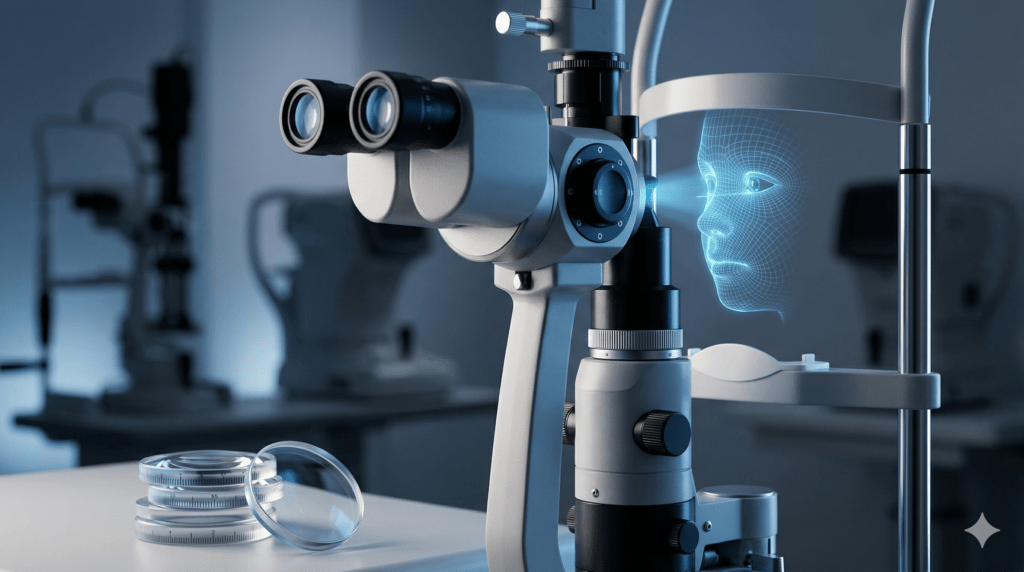 최신 현미경과 정밀 검사 렌즈의 실루엣이 돋보이는, 현대적이고 신뢰감 있는 안과 진료실 및 연구 환경의 분위기를 담은 이미지