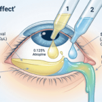 안구의 결막낭 구조 단면도와 한정된 용적을 초과하여 점안액이 흘러넘치는 씻김 효과(Washout effect)를 과학적으로 보여주는 깔끔한 메디컬 일러스트