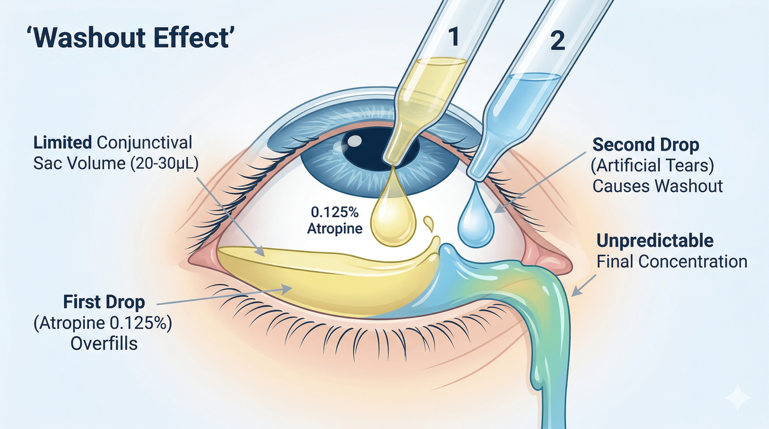 안구의 결막낭 구조 단면도와 한정된 용적을 초과하여 점안액이 흘러넘치는 씻김 효과(Washout effect)를 과학적으로 보여주는 깔끔한 메디컬 일러스트