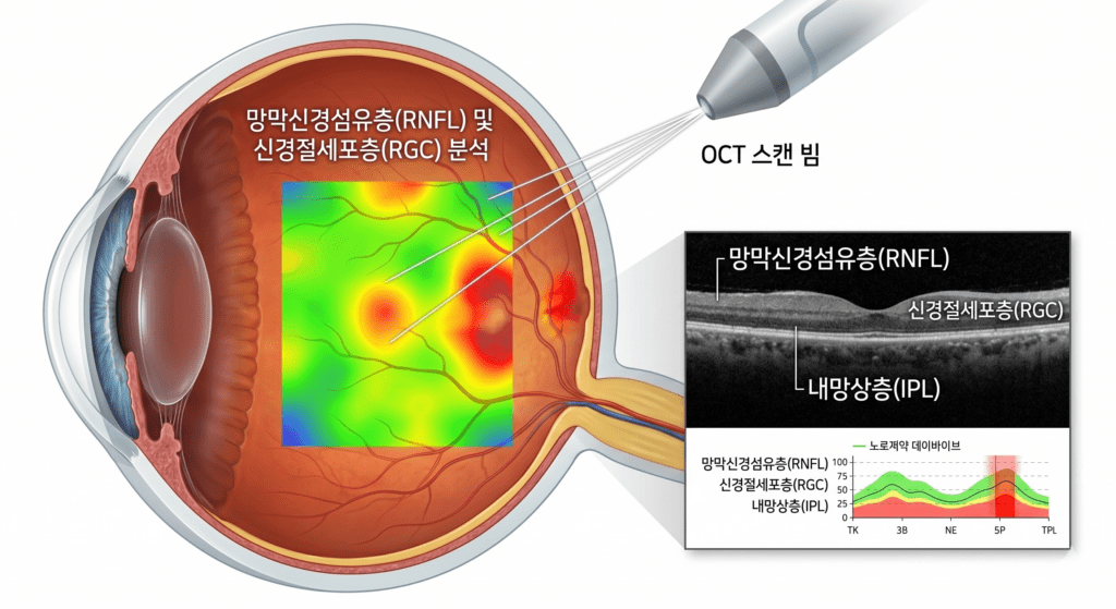 안구 내부 망막의 신경절세포층 두께를 분석하고 시신경 섬유층의 결손을 매핑하는 시신경단층촬영(OCT) 원리 시각화 메디컬 일러스트