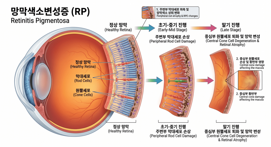 This diagram is a medical 3D illustration showing the pathological changes and progressive damage to the peripheral photoreceptor cells in the retina due to Retinitis Pigmentosa.