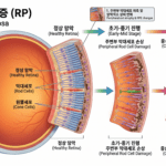 This diagram is a medical 3D illustration showing the pathological changes and progressive damage to the peripheral photoreceptor cells in the retina due to Retinitis Pigmentosa.