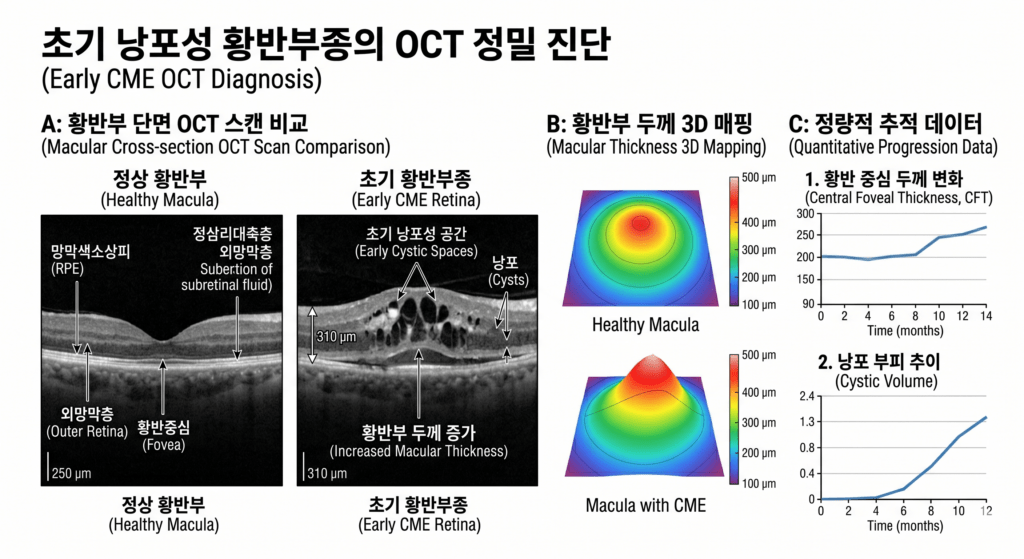 This detailed medical infographic provides dynamic data comparisons. On the left (A), OCT B-scans show the layered structure of a healthy macula versus one with early Cystoid Macular Edema (CME), where cystic spaces and increased retinal thickness are visible, especially above the RPE. The middle section (B) offers a 3D topographic thickness map, illustrating the shift from a smooth, healthy foveal pit to an elevated profile with CME. Finally, the right section (C) provides qualitative and quantitative progression data, plotting the increase in both Central Foveal Thickness (CFT) and overall cystic volume over time, highlighting the clinical value of serial OCT imaging in monitoring RP complications.